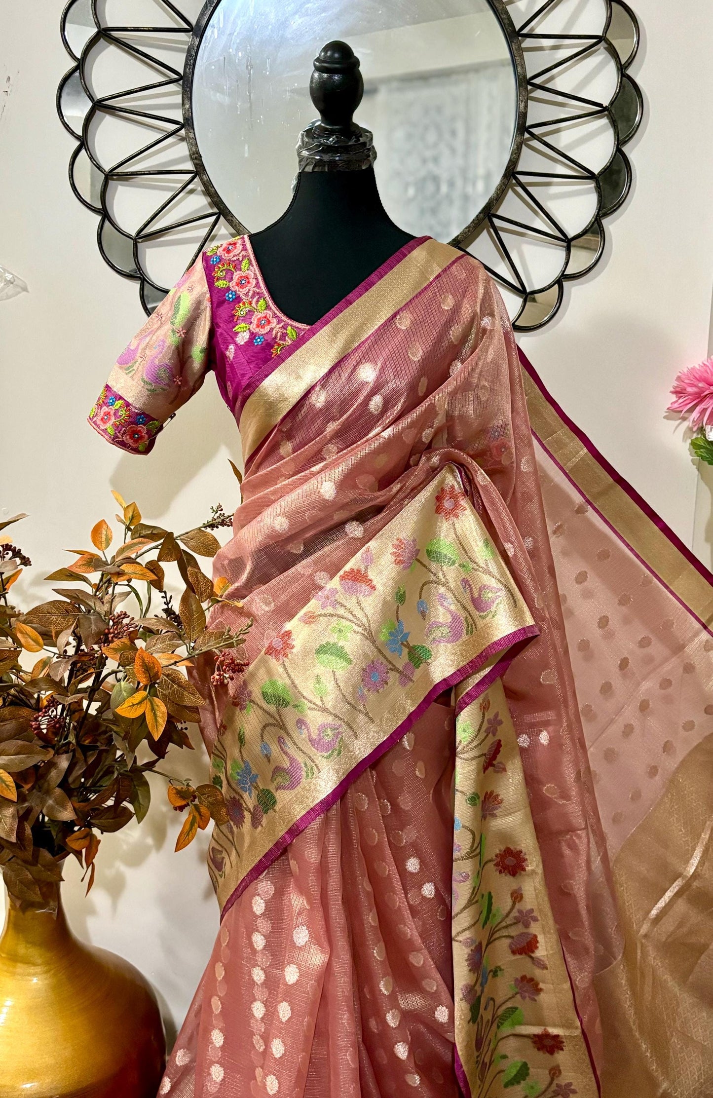 Beautiful Tissue Zari Kota saree with pythani Zari boardes and beautifully done work blouse paired up with pretty blouse fits up to 32 to 46