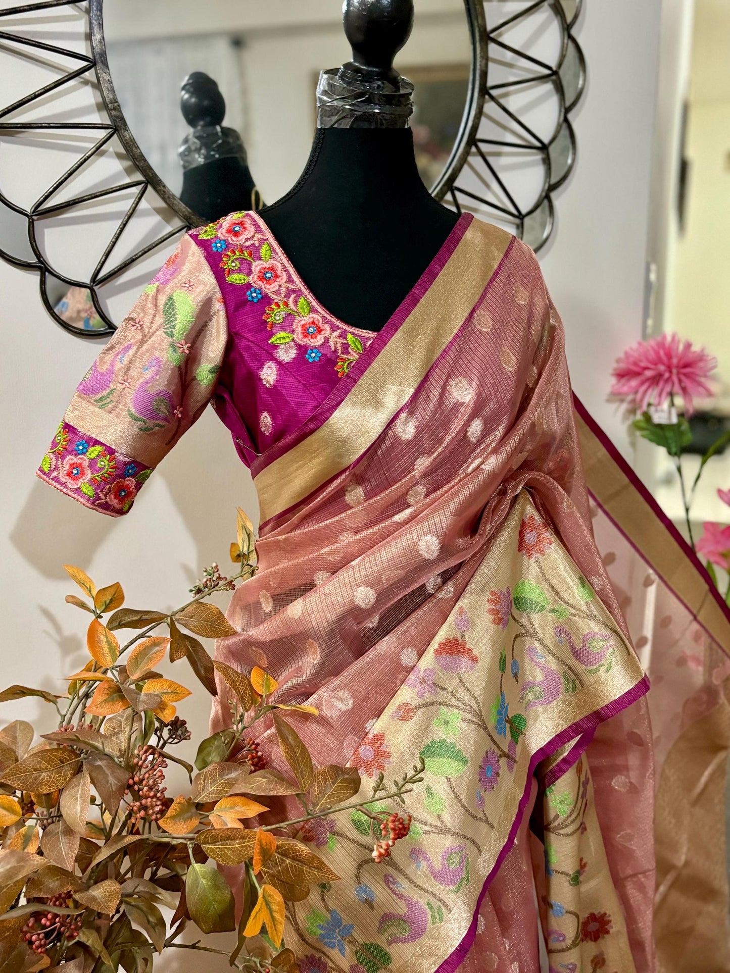 Beautiful Tissue Zari Kota saree with pythani Zari boardes and beautifully done work blouse paired up with pretty blouse fits up to 32 to 46