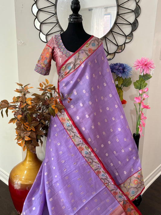 Beautiful Tissue Zari Kota saree with pythani Zari boardes and  paired up with pretty work blouse  blouse fits up to 32 to 46