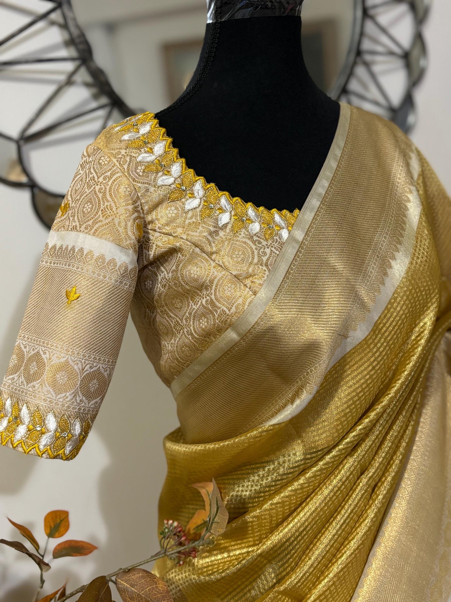 Banarasi double shades golden  tissue saree with self weaving stripes  on all over with beautifully done work blouse fits 32 to 46